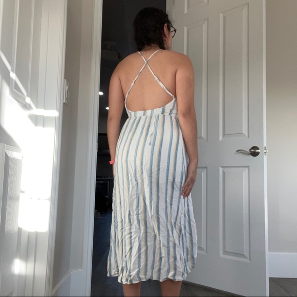 🛍 3/$10 White striped blue and yellow midi sun dress vacation dress - Picture 5 of 5